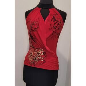 Y2K Red Gold Asian Print Halter Micro Mini Dress S Festival Goth Glam Alt Club